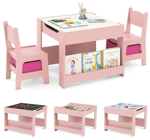 DREAMADE 4 in 1 Kindertisch mit 2 stühlen, Kindersitzgruppe aus Holz mit umkehrbarer Tafel & Bücherregalen, Kinder Tisch Stuhl Set mit 2 Stoffboxen, Kindermöbel Aktivitätstisch Set für Kinder (Rosa)