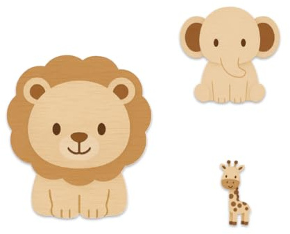 GOMAKERER 3 Stück Wanddekoration Aus Holz, Löwe Elefant Giraffe Safari Wandkunst Fürs Kinderzimmer Dschungeltiere Wald Wanddeko Wald Cottage Kernakzente Für Zuhause Spielzimmer Schlafzimmer (3 Größe)