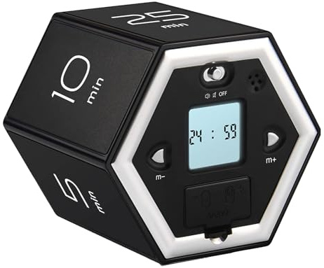 Sechseckiger Digitaluhr-Timer, magnetischer Würfel-Timer, einfach zu bedienender magnetischer Flip-Focus-Timer zum Lernen, Kochen, Training, Schwarz, Weiß, Silber, optionale (Schwarz)