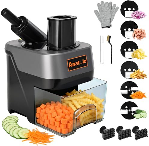 Anatole 6 en 1 Cortador de Verduras Eléctrico en Cubos Rodajas Profesional | Cubito&Rallado&Rebanado&Ondulado Multifunción, 6 Cuchillas, 2 Entradas, para Patatas Zanahorias Restaurante Casa, 100W 220V