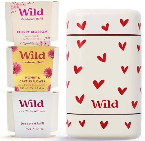 Wild Aluminium Free Refillable Natural Deodorant Starter Kit - Love Heart Case with Cherry Blossom, Honey & Cactus Flower, Coconut & Vanilla Refills - Long Lasting 24 Hour Odour Protection - Vegan