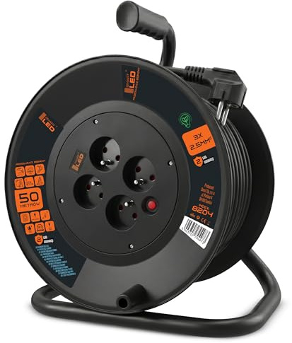 SmartLED-Kabeltrommel, für den Außen- und Innenbereich, 4 Steckdosen mit Erdung, 50 m, schwarz, für den Baubereich, 3x2,5 mm, Garten, Kindersicherung, 2500 W (50 Laufmeter)
