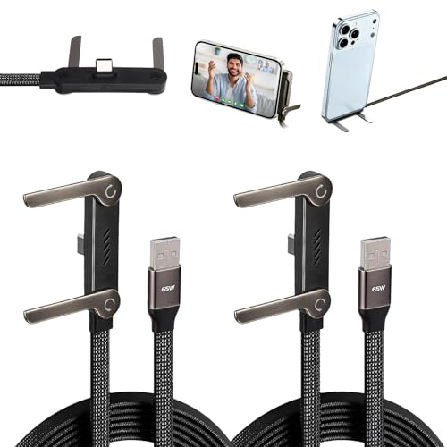 Lomuna 65W Fast Charging Cable with Phone Charger Stand, 90 Degree Right Angle USB A to TYPEC Flat Braided Cord, 5FT flat phone charger with stand for Smartphone Tablet Laptop Gaming