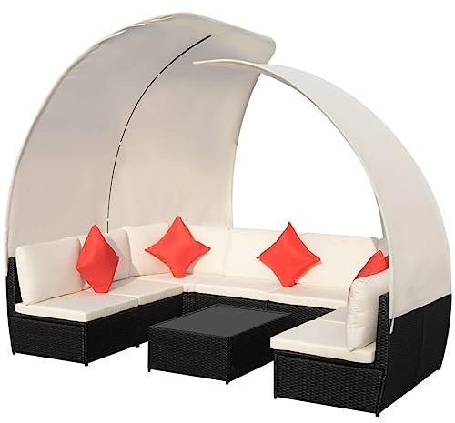 Hothingwell Gartenmöbel, 9-teilig, mit Markisen, Rattan, Schwarz | Robuster Stahlrahmen, Couchtisch aus Glas, weiche Kissen, rote Kissen, modular