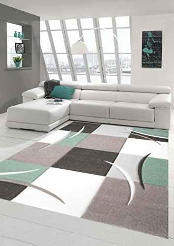 Teppich-Traum Designerteppich Moderner Teppich Wohnzimmerteppich Kurzflor Teppich mit Konturenschnitt Karo Muster Grau Grün Weiß, Größe 80x300 cm