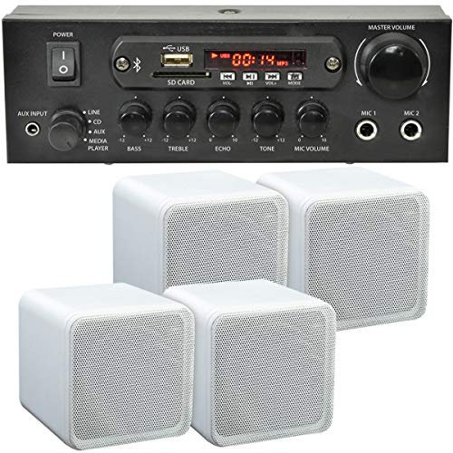 SMART HOME BLUETOOTH SPEAKER SYSTEM – 4x 80W White Bookshelf Speakers & 110W Wireless Compact Amplifier *ECHO/ALEXA* - Café, Bar, Restaurant, Home Cinema Surround Sound, Mini Amp Audio HiFi Kit