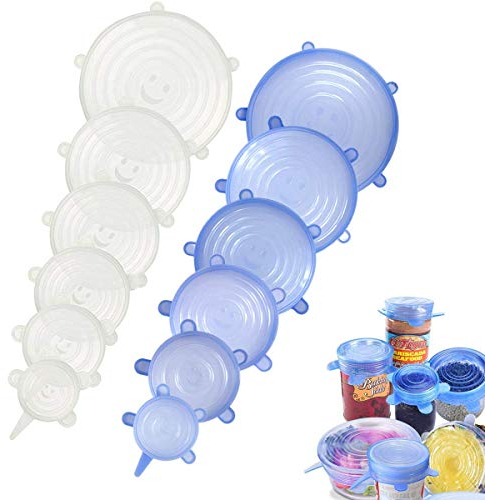 Lot de 12 couvercles extensibles en silicone de différentes tailles réutilisables et durables, sans BPA, passe au lave-vaisselle, au micro-ondes, au four et au congélateur. Blue+transparent
