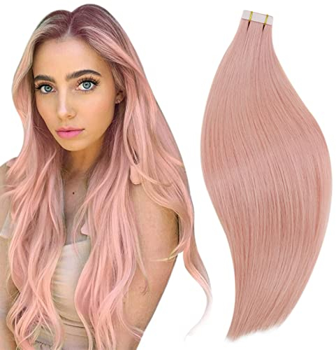 RUNATURE Tape Haarverlängerung Echthaar Rosa 40cm Tape in Extensions Rosa Haarverlängerung Echthaar Glatt #Pink 10pcs 25g