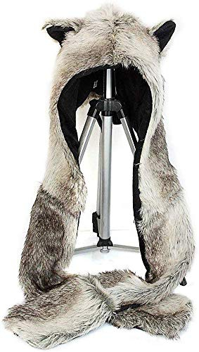 powerking Loup Chapeau d'animal, 3 en 1 Fonction Pleine Capuche Animale Chapeau Cache-Bonnet avec écharpe Chaude Mitaines Oreilles et Pattes