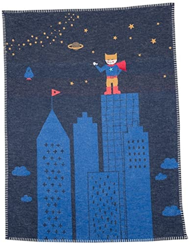 David Fussenegger - Kinderdecke Lili mit Strickerei - Superheld Navy - 90 x 70 cm - Schadstoffgeprüft, Öko-Tex Standard 100
