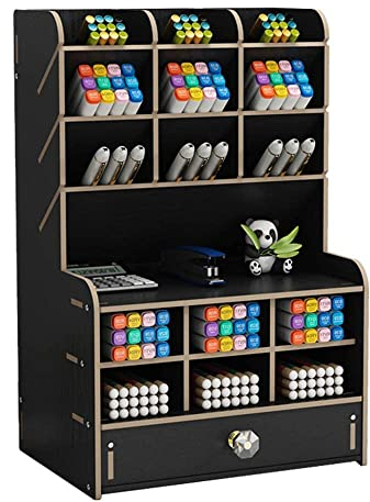 Wooden Desk Organizer with Drawer, Large Capacity DIY Pen Holder Storage Box Desktop Stationary Storage Rack, Pen Organizer Caddies for Office, Home and School Supplies (B16-Black)