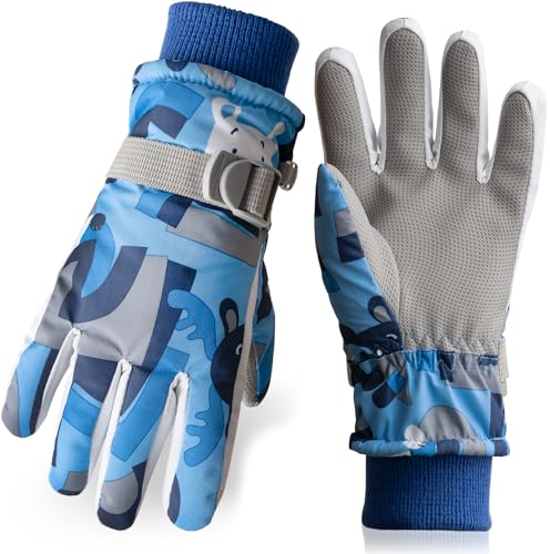 Vagasi Skihandschuhe Kinder Schneehandschuhe Mädchen Fleece Winterhandschuhe wasserdichte Winddichte Handschuhe für Jungen im Outdoor-Sport Winter Sport Snowboard, Blauer bär, L
