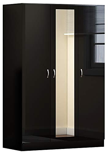 FWStyle 3 Door Modern Mirrored Wardrobe Black High Gloss Bedroom Furniture. Matt Black Frame