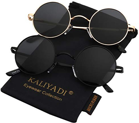 KALIYADI Round Polarized Sunglasses for Men Women Retro Metal Hippie Circle Style Sun Glasses UV Protection (2 Pack) 45mm