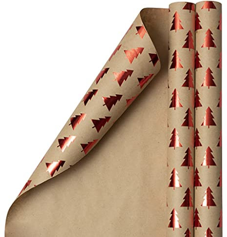 JAM PAPER Geschenkpapier – Weihnachts-Geschenkpapier – 50 m² – rote Bäume auf braunem Kraftpapier – 2 Rollen/Packung
