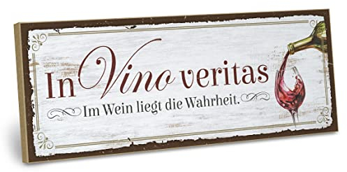 ARTFAVES® Wandbild Holzschild mit Spruch - IN VINO VERITAS - IM WEIN LIEGT DIE KRAFT - Türschild Retro Vintage Deko Bild Geschenk - Wein