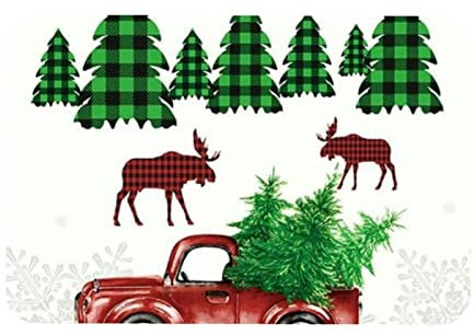 Fußmatte im Vintage-Stil, Motiv: Lkw und Elch, Weihnachtsbaum mit schottischem Karomuster, Winterdekoration, 50,8 x 78,7 cm, rutschfest, rechteckig, für Innen- und Außenbereich, Haus und Garten