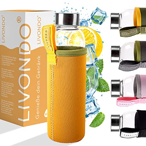 LIVONDO Gourde en verre de 0,5 l avec bouchon à vis en acier inoxydable et housse en néoprène - Passe au lave-vaisselle (été - Marigold)