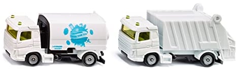 siku 1687, Municipal Set of Toy Trucks incl. Street Sweeper and Rubbish Truck, Faun Umwelttechnik, Metal,Plastic, White,Blue, Tiltable body and collection container