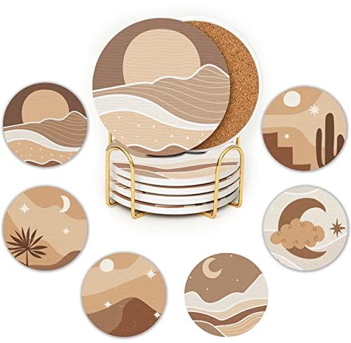 JJ PRIME - Keramik Untersetzer Gläser Set 6 Stück | Glas Untersetzer-Set Modern | Getränkeuntersetzer mit Korkboden - Kratzfest, Anti-Rutsch Glasuntersetzer Beige Tisch Deko (Boho)