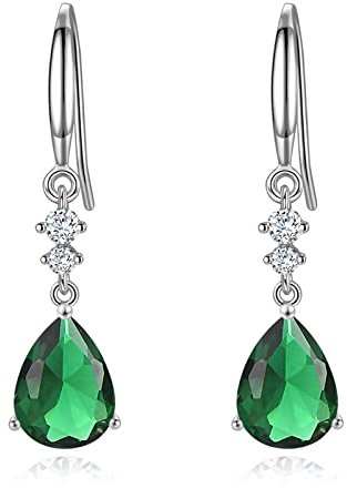 Sterling Silver Dangle Earrings for Women, Hypoallergenic Green Cubic Zirconia Teardrop Dangle Drop CZ Earring Jewellery Gifts for Girls, Silver