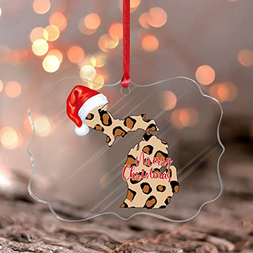 Michigan Xmas Ornament Wild Leo Muster Leopard Skin Round Christmas Tree Ornament America 50 States USA Souvenir Geschenk Acryl Weihnachtskugel für Xmas Tree Decoration