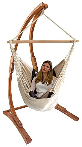 Lola Mammut Hängesesselgestell aus Lärchenholz FSC max. 130 kg belastbar wetterfest mit Luxus Hängesessel Panorama Chair Deluxe Caffe Crema