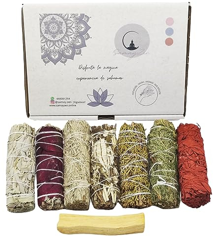 Natürliches weißes Salvia Apiana - Räucherstäbchen zum Verbrennen - Yerba Santa - Blauer - mit Rosen - gebundenem Wacholder - Zeder - Energie - Reinigungsset