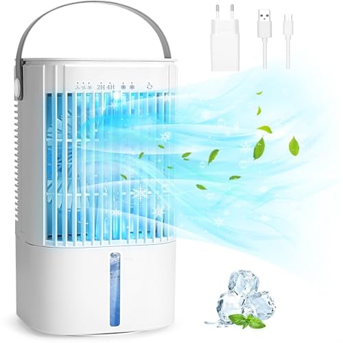 RenFox Portable Air Conditioner, Mini Air Cooler, USB 5 in 1 Desktop Evaporative Personal Air Conditioning, 3 Speeds & 7 LED Lights & 2 Spray Mist & Timer Air Cooling Fan for Home Office Dorm Indoors