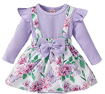 Haokaini Neonata Vestiti Pagliaccetto Neonato Vestito Lungo Manica A Volant Abiti Floreale Bretella Gonna Generale Infantile Tuta Set