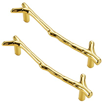 2 Stück Möbelgriffe in Form von Ästen Türgriff Zinklegierung Türknäufen Retro Knöpfe für Schrank,Schublade,Kleiderschrank,Aufbewahrungsbox Griff (Hole distance 96mm,Gold)