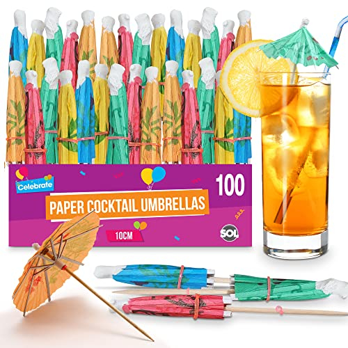 SOL 100pk Paper Cocktail Umbrellas - Assorted Colours for Drinks & Snacks - Durable Party Accessories for Hawaiian, Beach, Summer & Birthday Parties - Eye-Catching Designs for Drinks & Appetisers