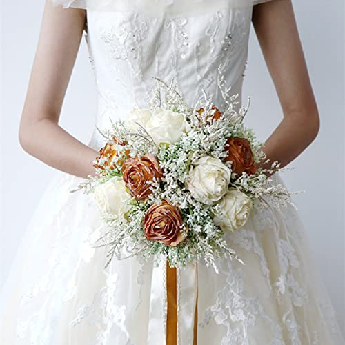 Fouriding Hochzeit Bouquet für Braut Karamell gebrannt Rand Rose Braut Braut künstliche Bouquet Brautjungfer Hochzeit Dekoration Blumensträuße