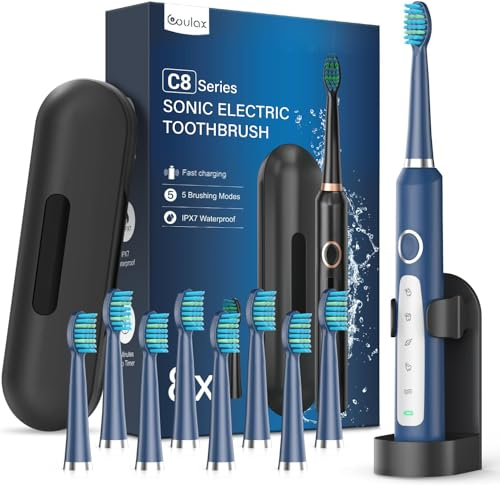 Coulax Elektrische Zahnbürste – Coulax Sonic Elektrische Zahnbürste Reise-Zahnbürste Wiederaufladbare Zähne Wiederaufladbare Zähne mit 8 Bürstenköpfen, Tasche, 5 Modi Dunkelblau, 1 stück (1er Pack)