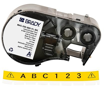 Brady Vinyl-Etikettenband für Etikettendrucker BMP41/BMP51/BMP53/M511, selbstklebende Druckeretiketten, Schwarz auf Gelb, 12,70 mm (B) x 7,62 m (L)) – M4C-500-595-YL-BK