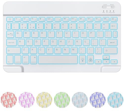 OMOTON Wireless Keyboard bluetooth for iPad Pro/iPad Air/iPad Mini/iPhone 15 Pro- 7 Colour Backlight, Quiet, Ultra-thin, Rechargeable, UK Layout