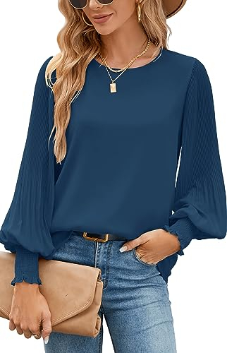 Oberteil Damen, Elegant Langarm Plissee Musselin Bluse, Chiffon Lässige Locker Langarmshirt, Herbst Leicht Business Outfit