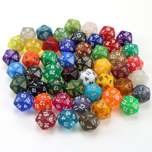 Anevios 50 Stück Bunt Würfel Set Polyedrische Würfel d20 mit Schwarze Kordelzugbeutel Tisch Spiel Würfel für Dungeons and Dragons Pathfinder DND RPG MTG Tischspiele - 20 Seitige