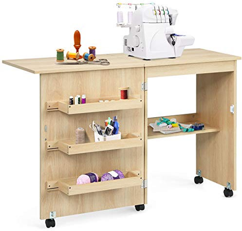 COSTWAY Folding Sewing Table, 2-in-1 Rolling Craft Table with Storage Shelves and Lockable Casters, Space Saving Sewing Machine Cabinet Computer Desk (Light Natural)
