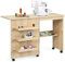 COSTWAY Folding Sewing Table, 2-in-1 Rolling Craft Table with Storage Shelves and Lockable Casters, Space Saving Sewing Machine Cabinet Computer Desk (Light Natural)