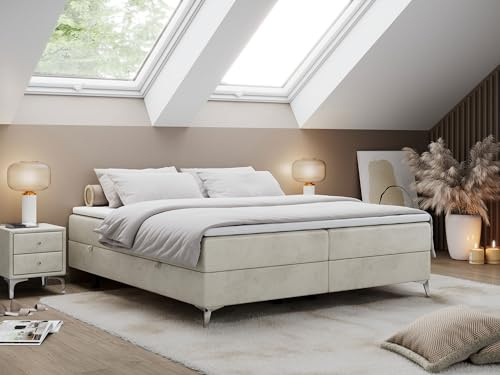 MKS MEBLE Boxspringbett Less 200x200 cm, Bett mit Bettkasten, Multipocket Matratze H4 7-Zonen, Topper T25, minimalistisches Doppelbett – Beige Velvet