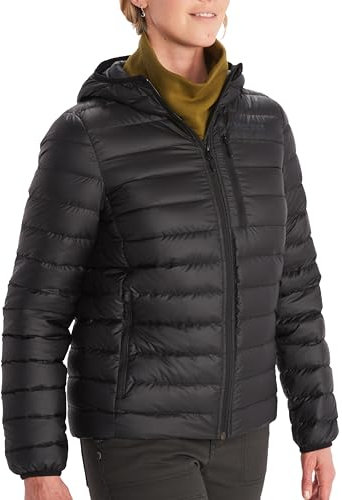 Marmot Damen Wm's Highlander Hoody, Leichte Daunenjacke, warme Winterjacke, wasserabweisende Steppjacke, winddichte Funktionsjacke, klein packbare Outdoorjacke mit Kapuze, Black, S