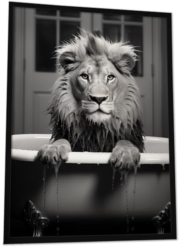 JUHMI Badezimmer Deko Bilder - Badewannen Tiere Wanddeko, Löwe DIN A4 (21x29 cm) - Bilder Schwarz Weiß WC Deko mit und ohne Rahmen