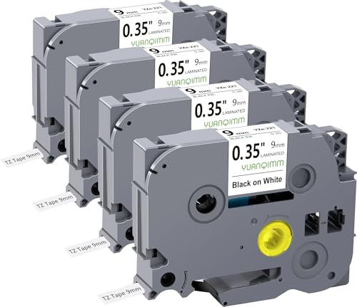 Yuanqimm Kompatibel für Brother P touch Bänder 9mm 0,35 TZe-221 TZe221 TZ221 TZ-221 beschriftungsbänder 9mm Schwarz auf Weiß für PT-H100LB PT-H107B PT-H105 PT-D200 PT-1000 PT-H110R PT-H101, 4X