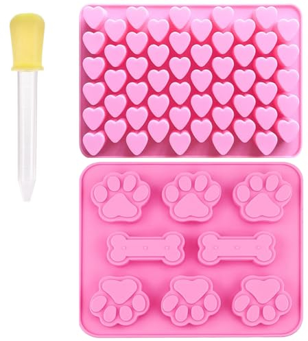 GWAWG Silikonformen für Schokoladen-Süßigkeiten-Wachsschmelzen mit Pipette, 55 Herzform, Welpe, Hundepfotenabdruck, Hundeknochen, Silikonform für süßes 3D-Backen, Eiswürfel, Kuchen,