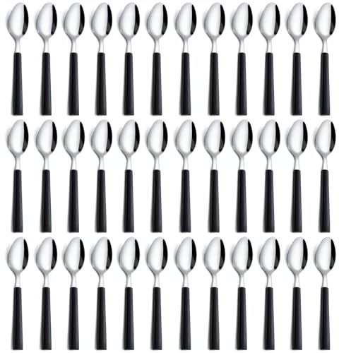 Pleafind Teaspoons Set of 36, Stainless Steel Teaspoons with Black Handles, Tea Spoons Set for Home/Kitchen/Restaurant, Mirror Polished Tea Spoons Cutlery, Coffee Spoon, 6.23 Inch, Dishwasher Safe