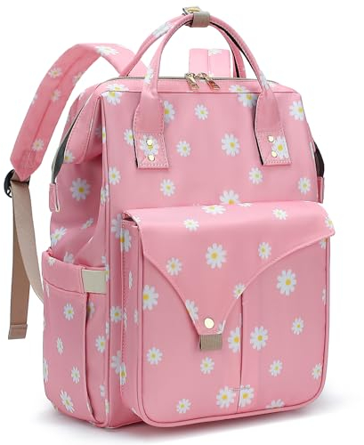 Mimfutu Blumen Rucksack Damen 15,6 Zoll Laptop Rucksack Schulrucksack Mädchen Teenager für Schule Arbeit Uni Studenten Lehrer Business Büro (Gänseblümchen Rosa)