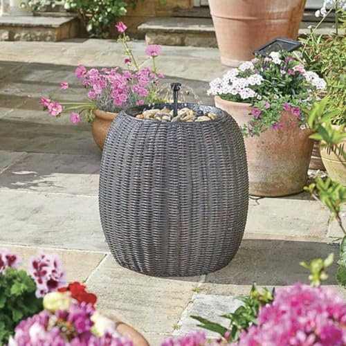 Festive Lights - 45cm Solar Rattan Effect Water Feature - Cascading Pebble Fountain, Natural Brown Polyresin, IP44 Rated, Outdoor Garden Decoration - External Panel, Energy Efficient, Tranquil Flow