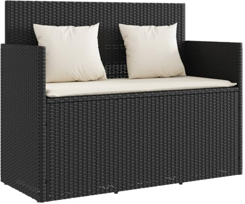 vidaXL Gartenbank mit Kissen, Sitzbank mit Staufach unter Sitzfläche, Parkbank mit abnehmbaren Bezügen, Außenbank Outdoor Bank, Schwarz Poly Rattan