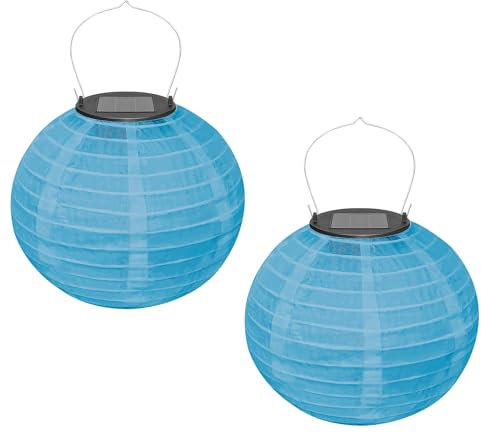 Ledeak 2 Stück Solar Lampions Außen, 20cm Solar LED Laterne Wetterfest Hängend, Polyester Runde Garten Lampions Solar Laterne Outdoor für Garten Terrasse Hochzeit Fest Deko Außendeko (Blau)